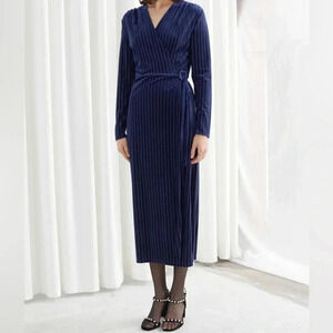 & OTHER STORIES Striped Velour Midi Wrap Dress V Neck Long Sleeve‎ Festive Sz 0